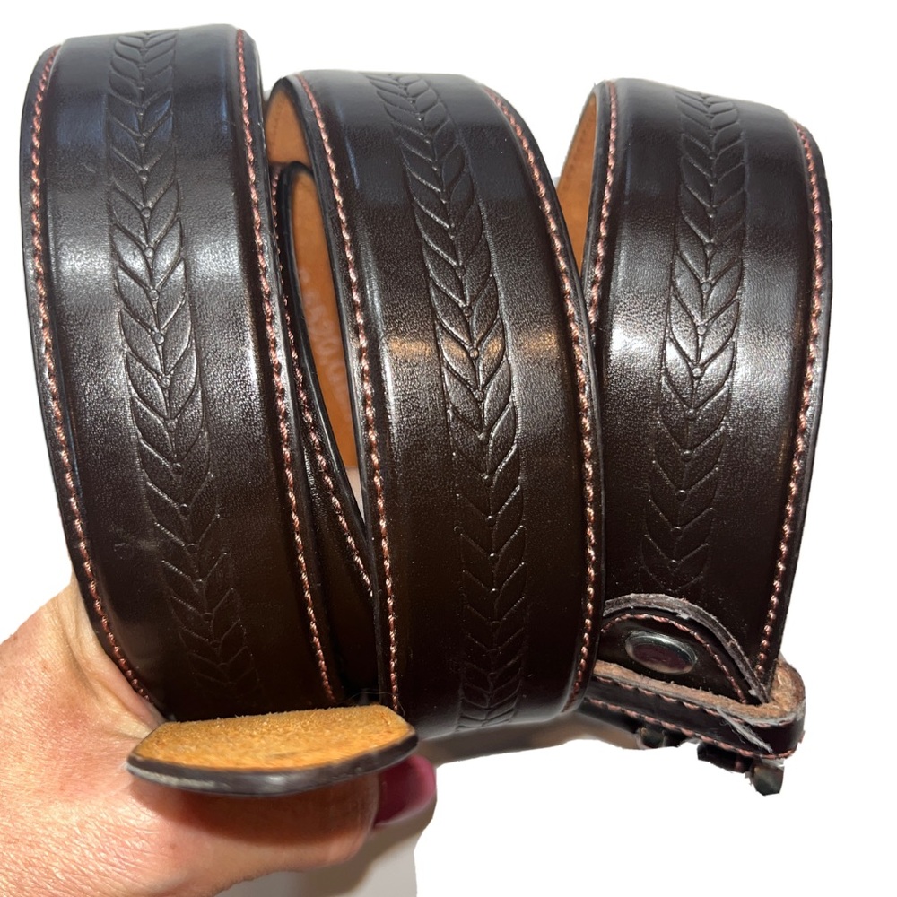 BROWN 50-54” 3xl LEATHER men Belt FEATHER WESTERN etching Design 3XL style 8520